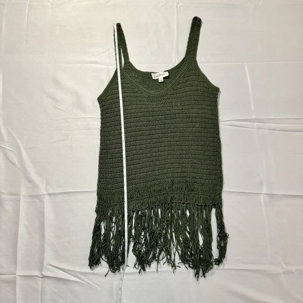 Olive Green Crochet Fringe Hem Tank Top Boho Festival Knit Women's Small Indie - Picture 5 of 11